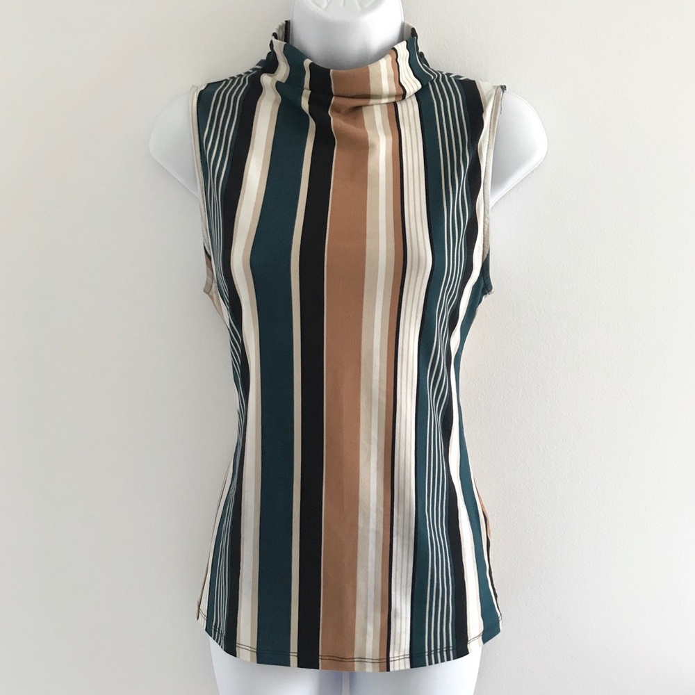 Colori Turtle Neck Teal Tan White Striped Tank Top